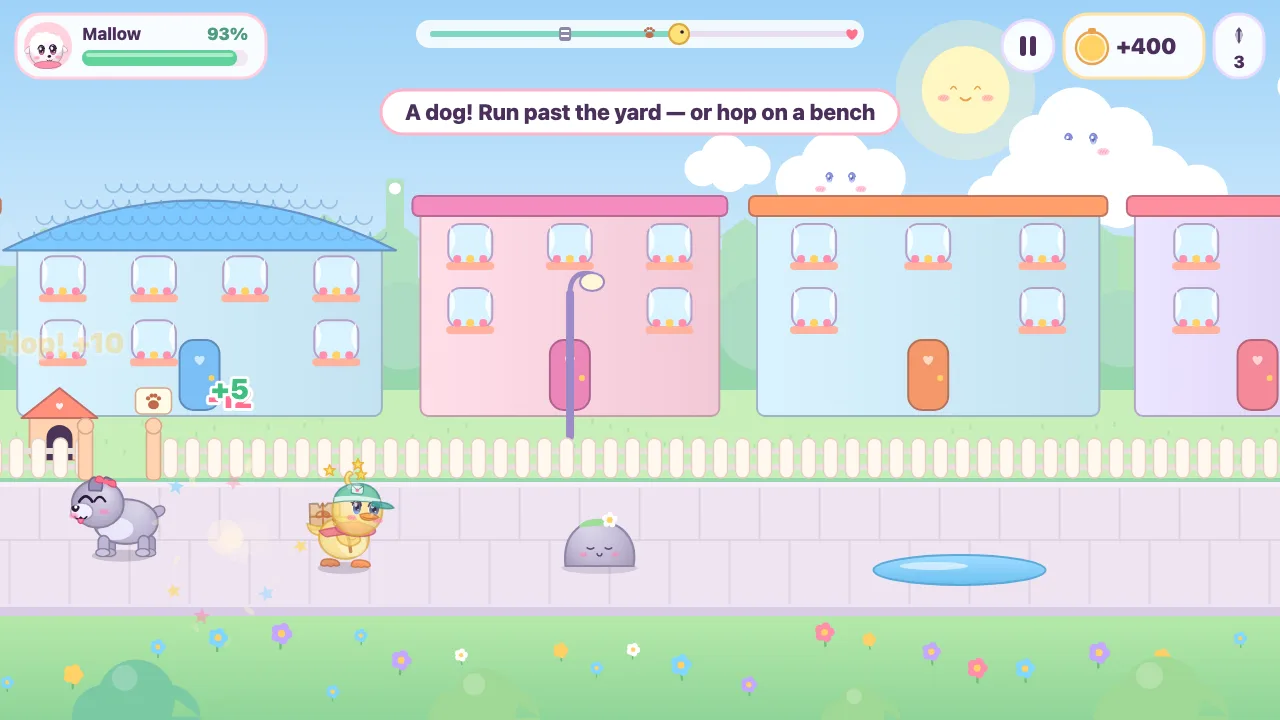 Dilly runs past a yard dog in Pudding Town with a parcel